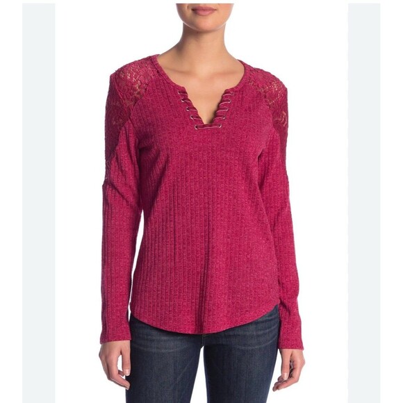 Democracy Sweater Top Womens 1X Pink Ribbed Lace Up Long Sleeve Lace Shoulders - Picture 2 of 8